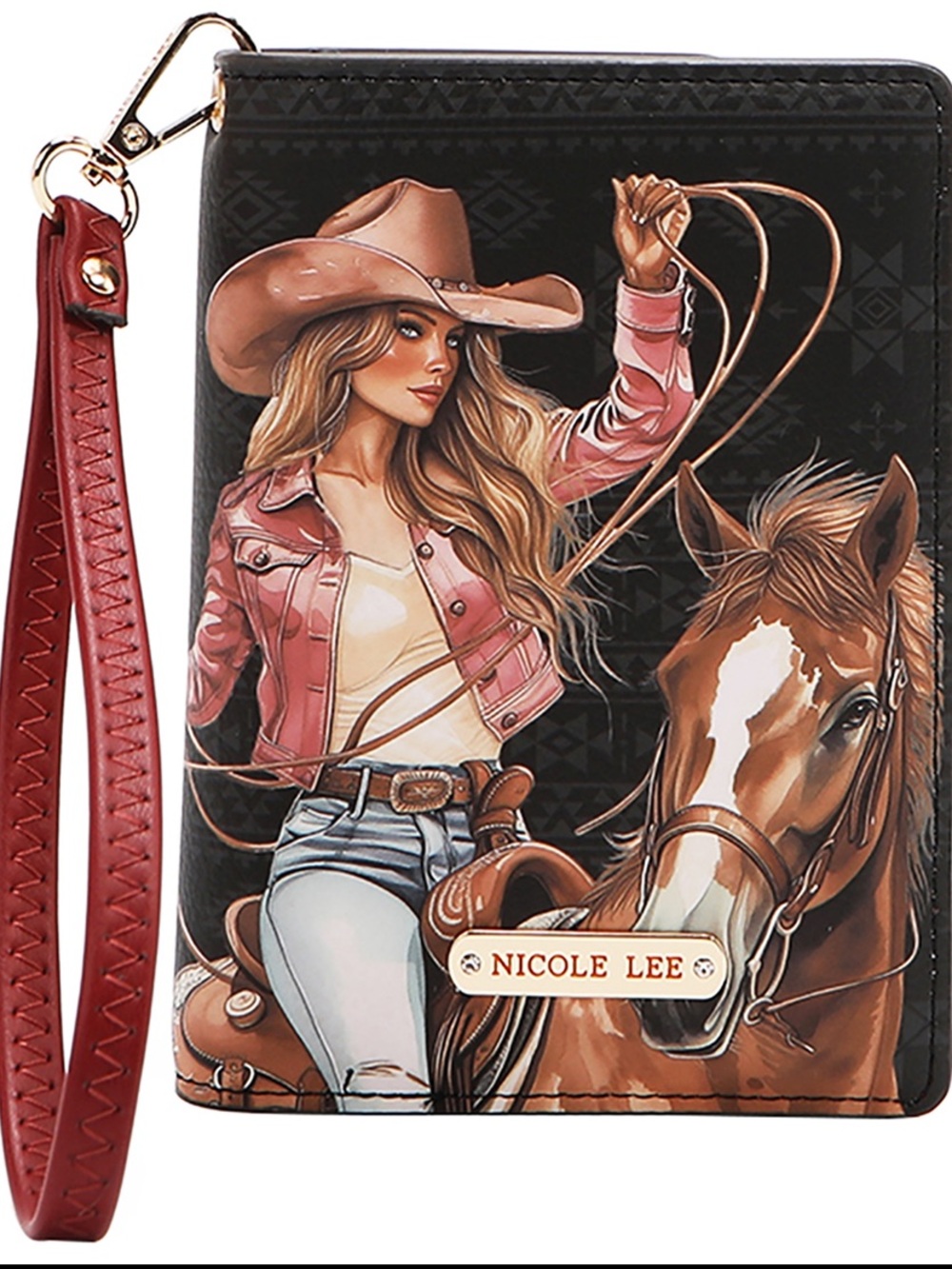 Nicole Lee Black Wallet with Brown Horse & Pink Jacket Artwork